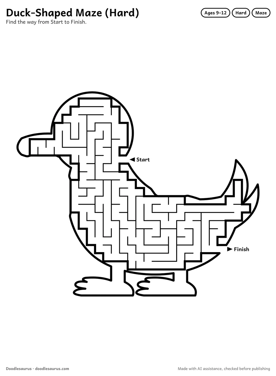 Duck-shaped printable maze for ages 9-12: 237 cells inside a duck outline, with Start and Finish arrows and an answer key.