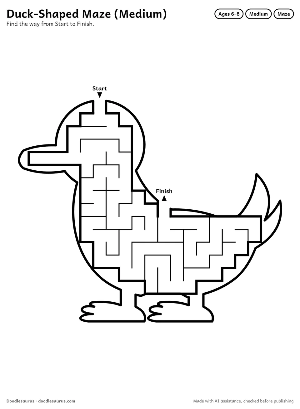 Duck-shaped printable maze for ages 6-8: 103 cells inside a duck outline, with Start and Finish arrows and an answer key.
