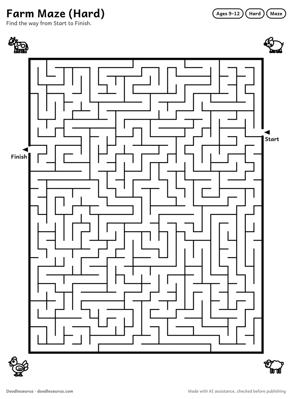 Printable farm maze for ages 9-12: a 27 by 34 grid with Start and Finish arrows and an answer key.