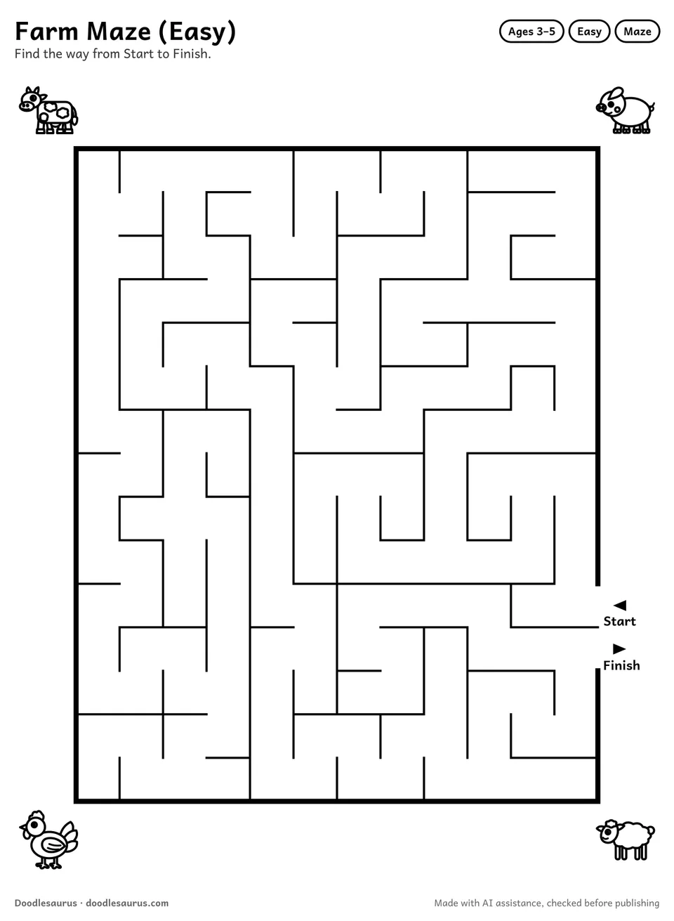 Printable farm maze for ages 3-5: a 12 by 15 grid with Start and Finish arrows and an answer key.