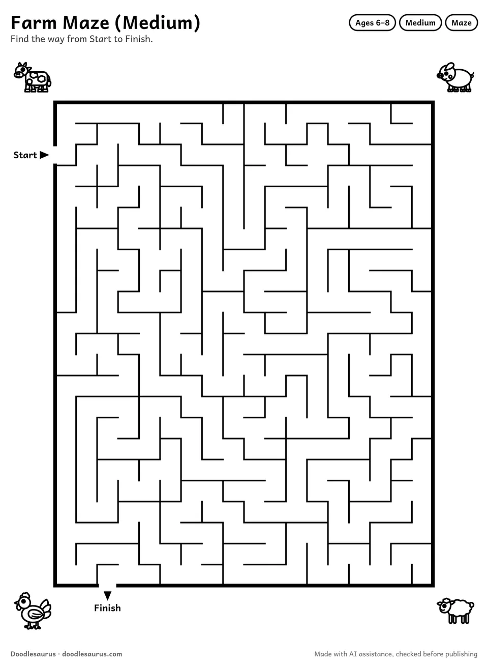 Printable farm maze for ages 6-8: an 18 by 23 grid with Start and Finish arrows and an answer key.