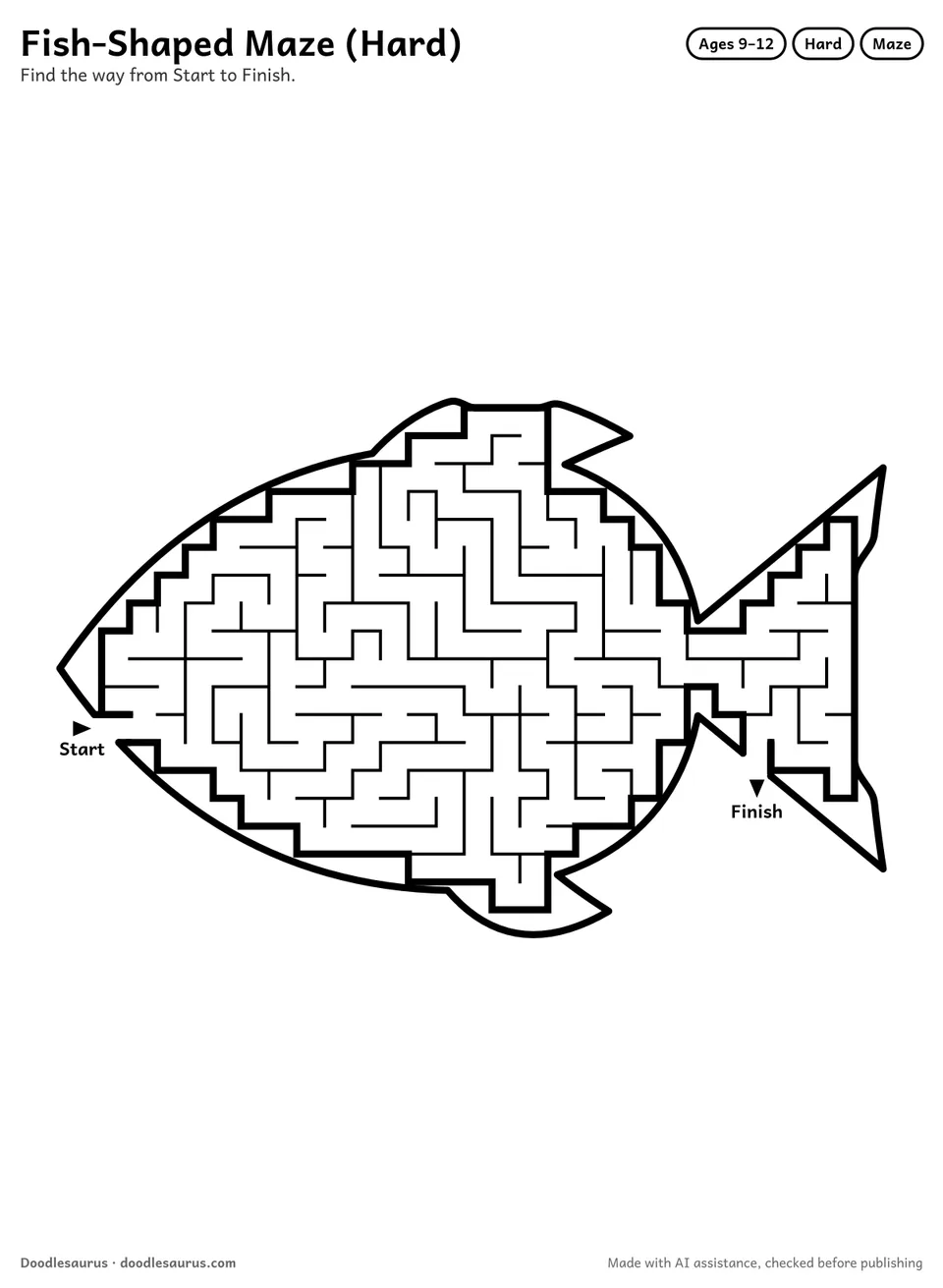 Fish-shaped printable maze for ages 9-12: 280 cells inside a fish outline, with Start and Finish arrows and an answer key.