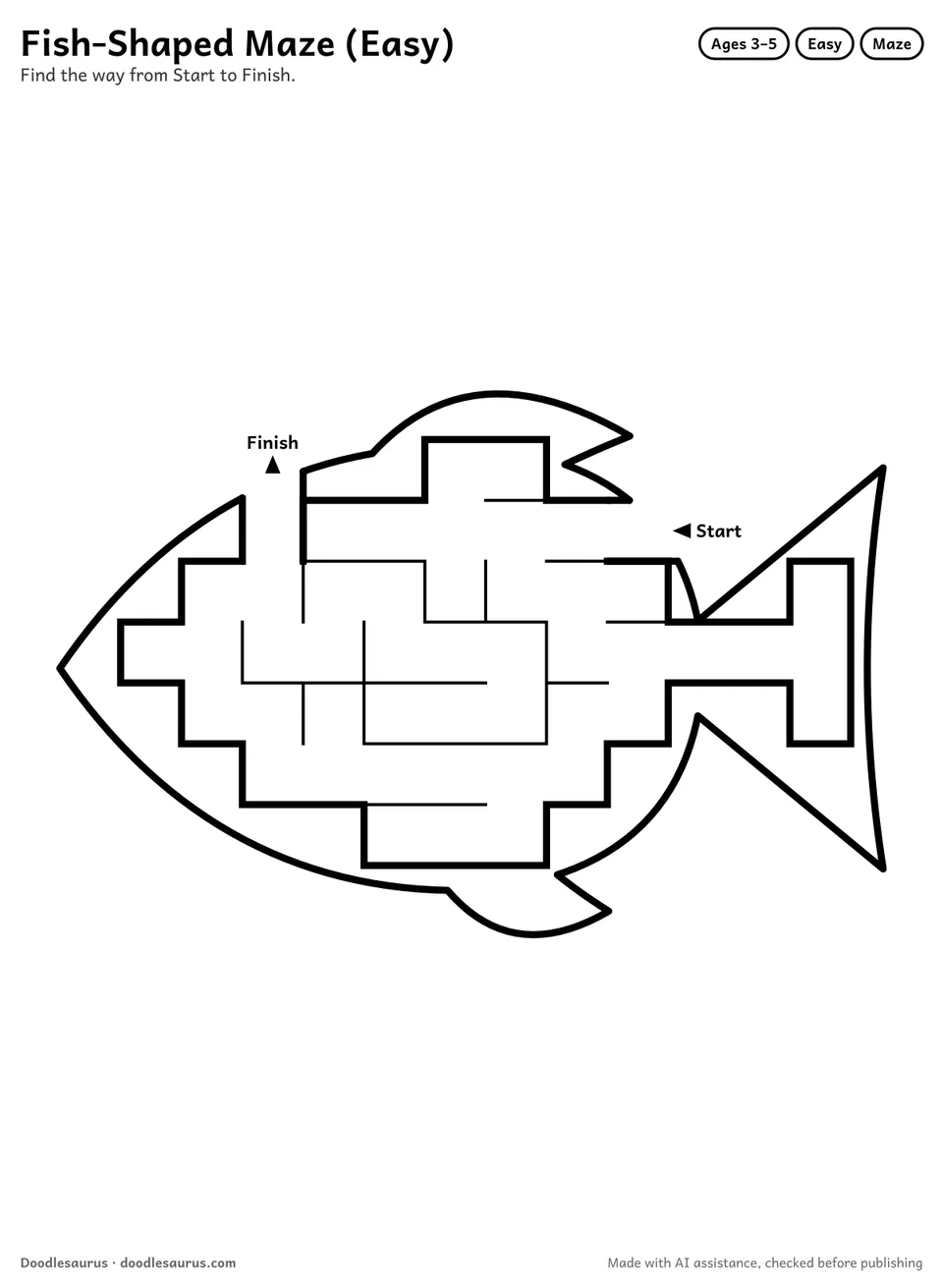 Fish-shaped printable maze for ages 3-5: 46 cells inside a fish outline, with Start and Finish arrows and an answer key.