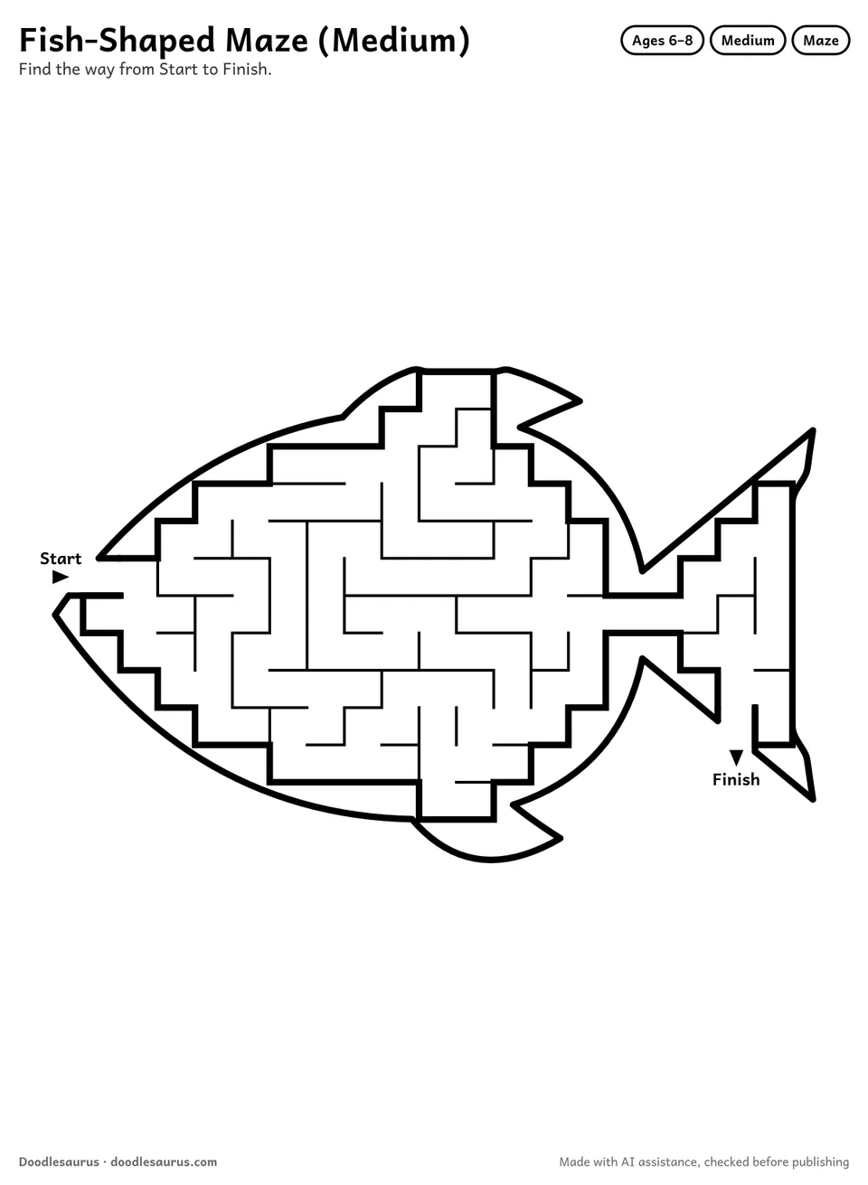 Fish-shaped printable maze for ages 6-8: 122 cells inside a fish outline, with Start and Finish arrows and an answer key.