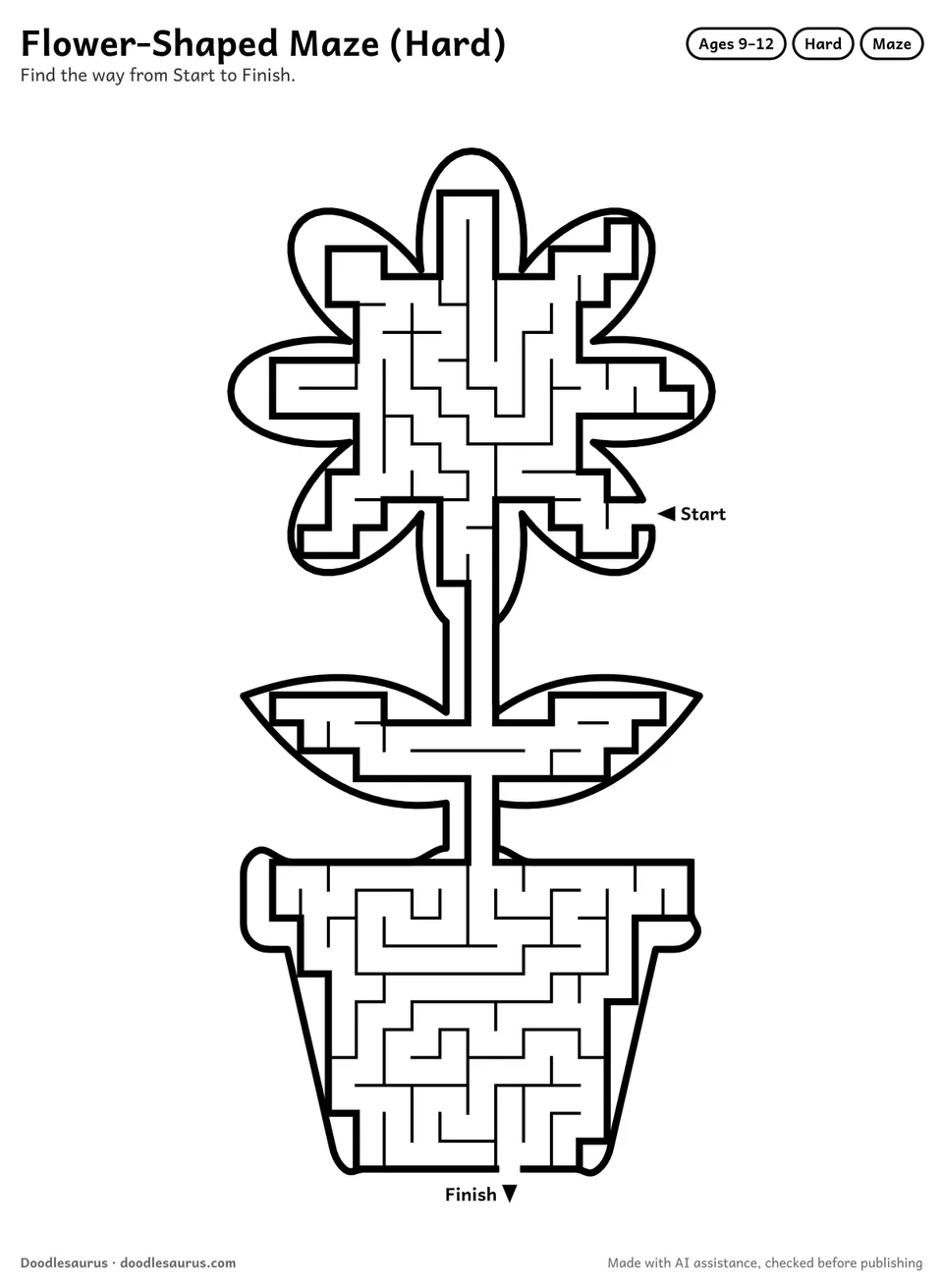 Flower-shaped printable maze for ages 9-12: 267 cells inside a flower outline, with Start and Finish arrows and an answer key.