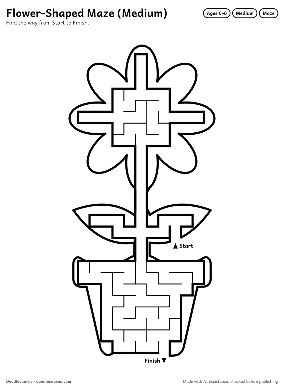 Flower-shaped printable maze for ages 6-8: 117 cells inside a flower outline, with Start and Finish arrows and an answer key.
