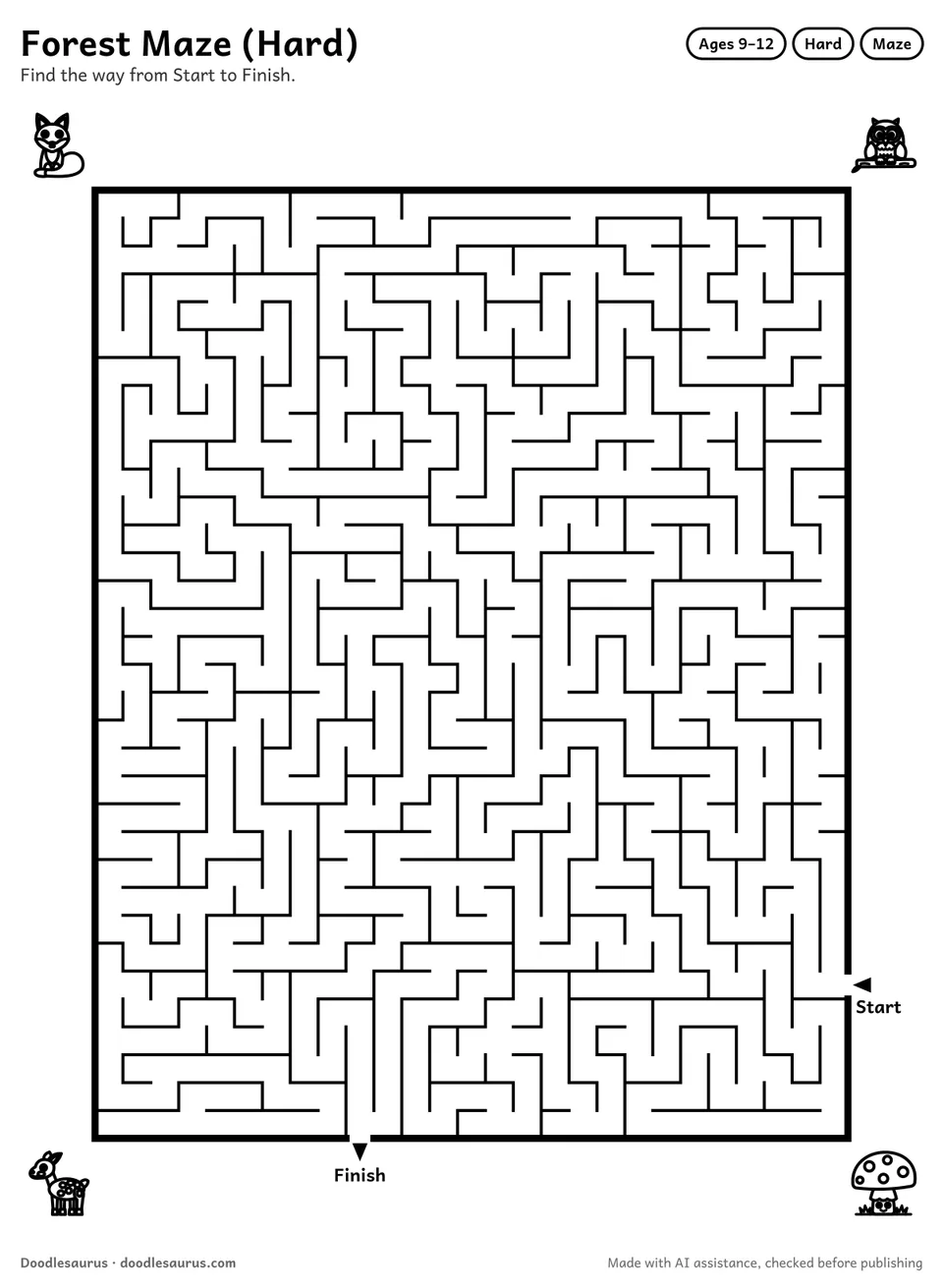 Printable forest maze for ages 9-12: a 27 by 34 grid with Start and Finish arrows and an answer key.