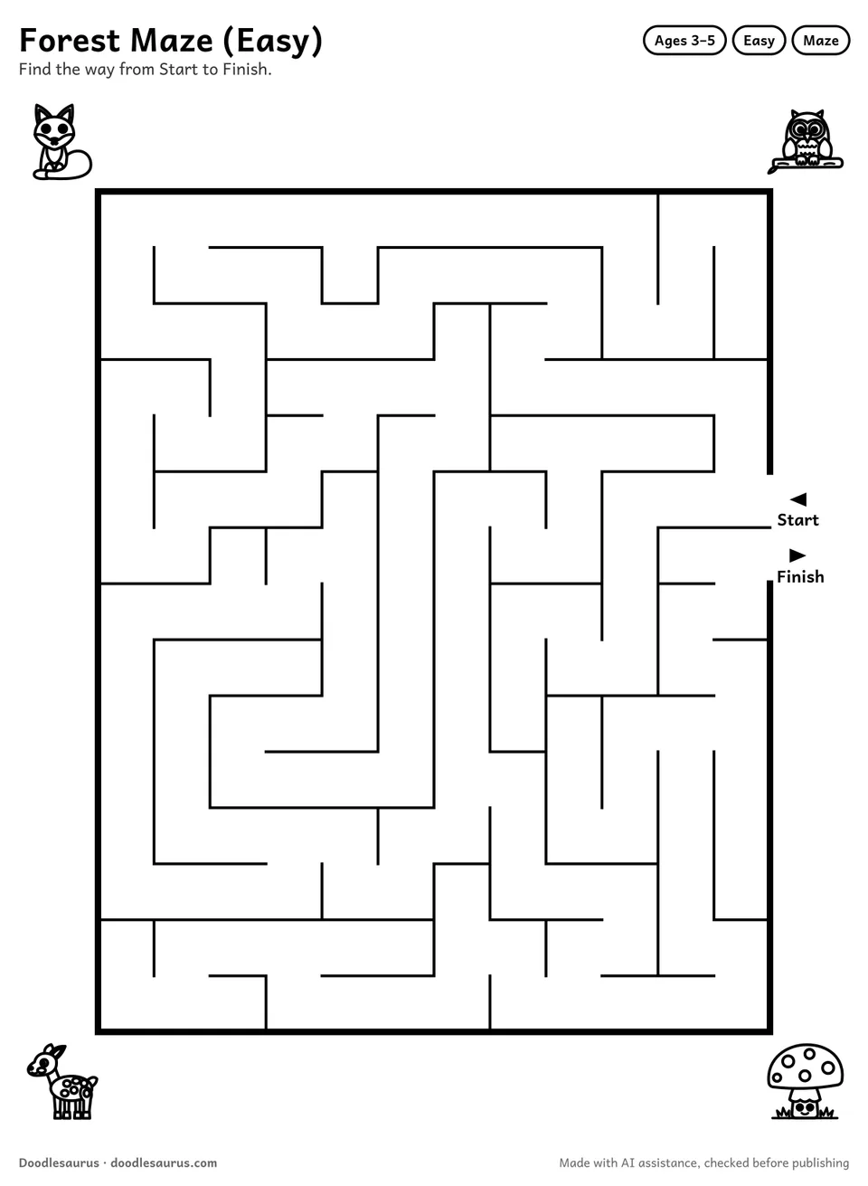 Printable forest maze for ages 3-5: a 12 by 15 grid with Start and Finish arrows and an answer key.