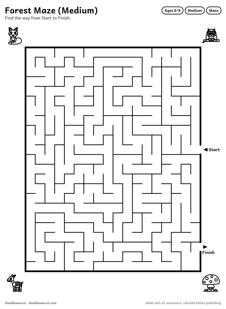 Printable forest maze for ages 6-8: an 18 by 23 grid with Start and Finish arrows and an answer key.