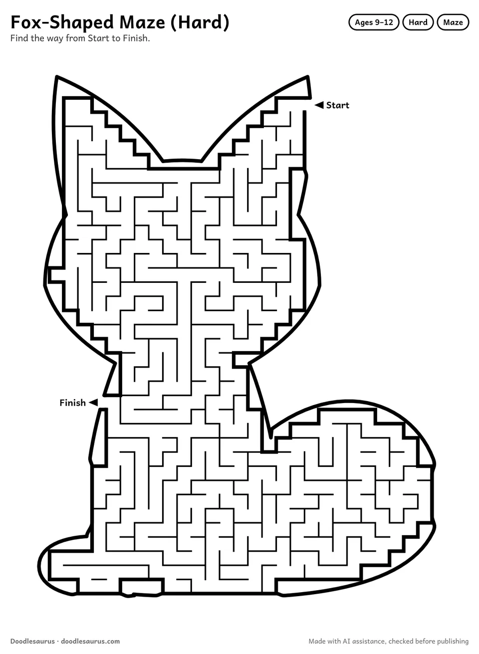 Fox-shaped printable maze for ages 9-12: 556 cells inside a fox outline, with Start and Finish arrows and an answer key.
