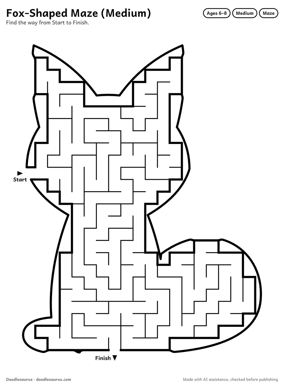 Fox-shaped printable maze for ages 6-8: 248 cells inside a fox outline, with Start and Finish arrows and an answer key.