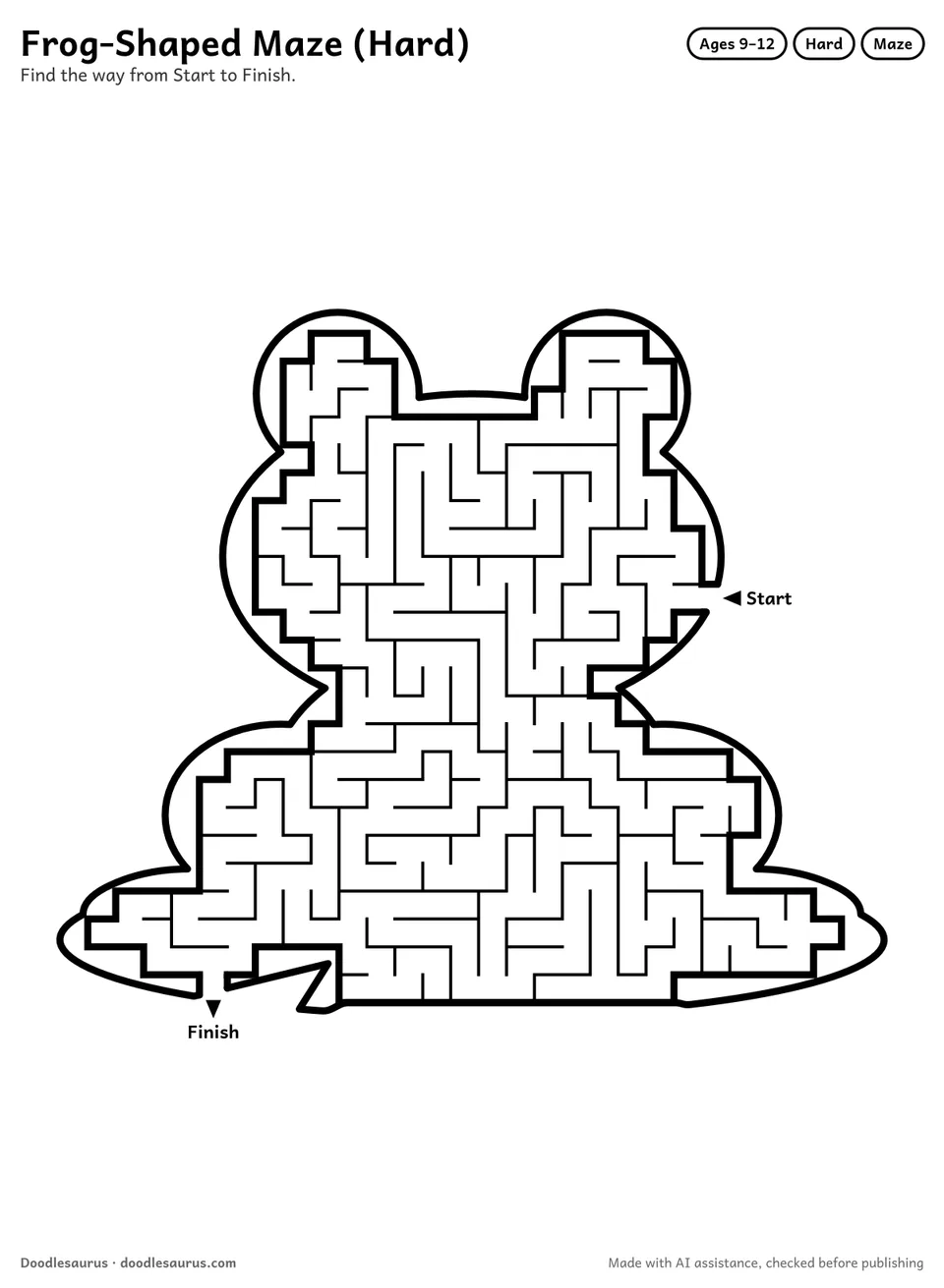 Frog-shaped printable maze for ages 9-12: 362 cells inside a frog outline, with Start and Finish arrows and an answer key.