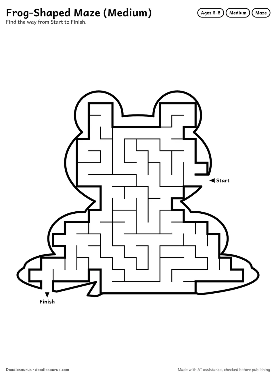 Frog-shaped printable maze for ages 6-8: 160 cells inside a frog outline, with Start and Finish arrows and an answer key.