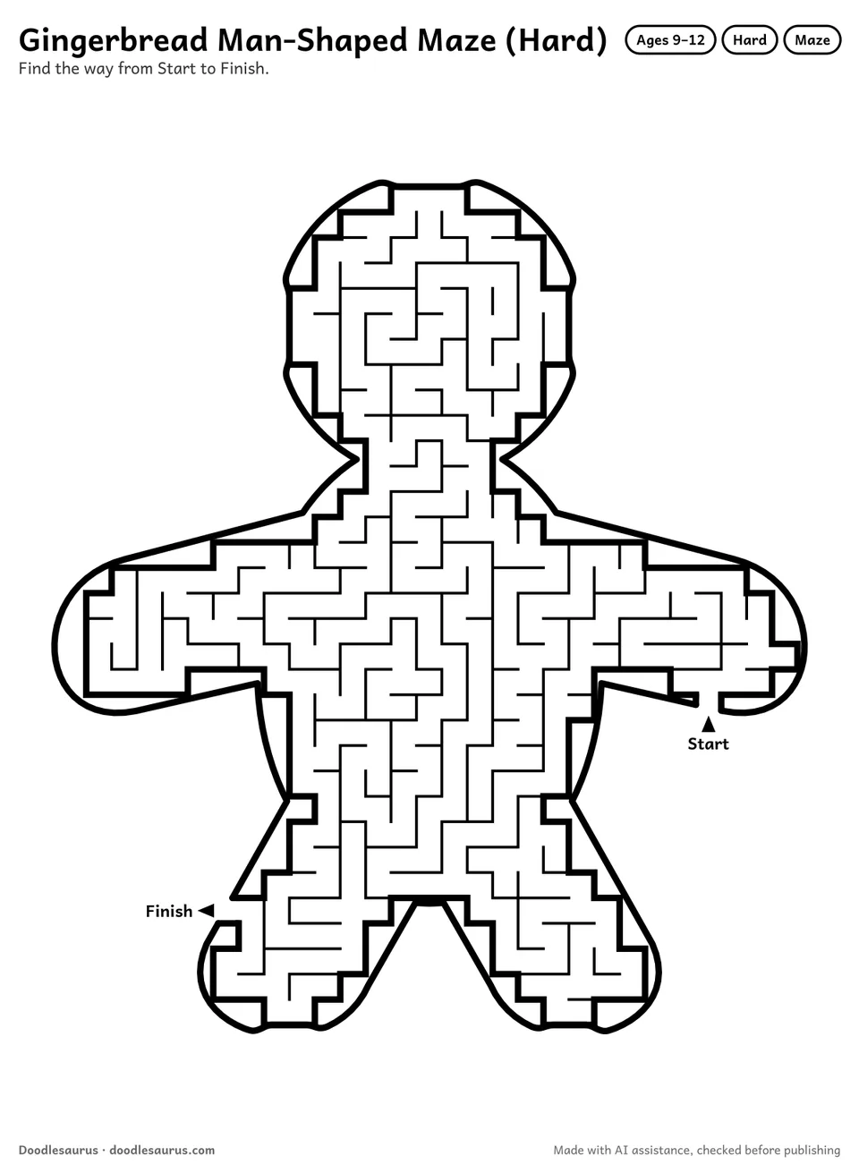 Gingerbread man-shaped printable maze for ages 9-12: 394 cells inside a gingerbread man outline, with Start and Finish arrows and an answer key.