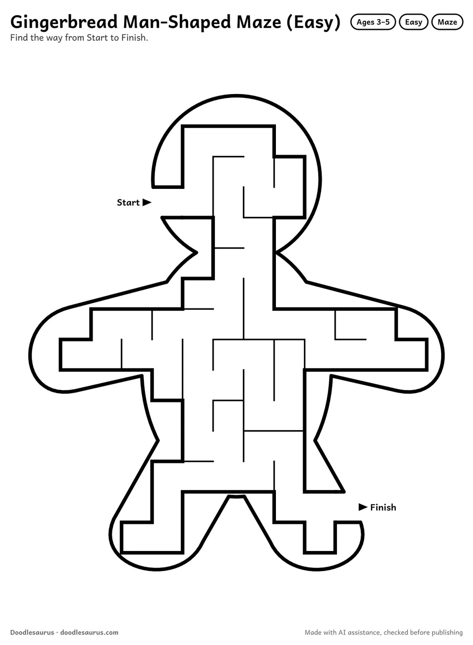 Gingerbread man-shaped printable maze for ages 3-5: 64 cells inside a gingerbread man outline, with Start and Finish arrows and an answer key.
