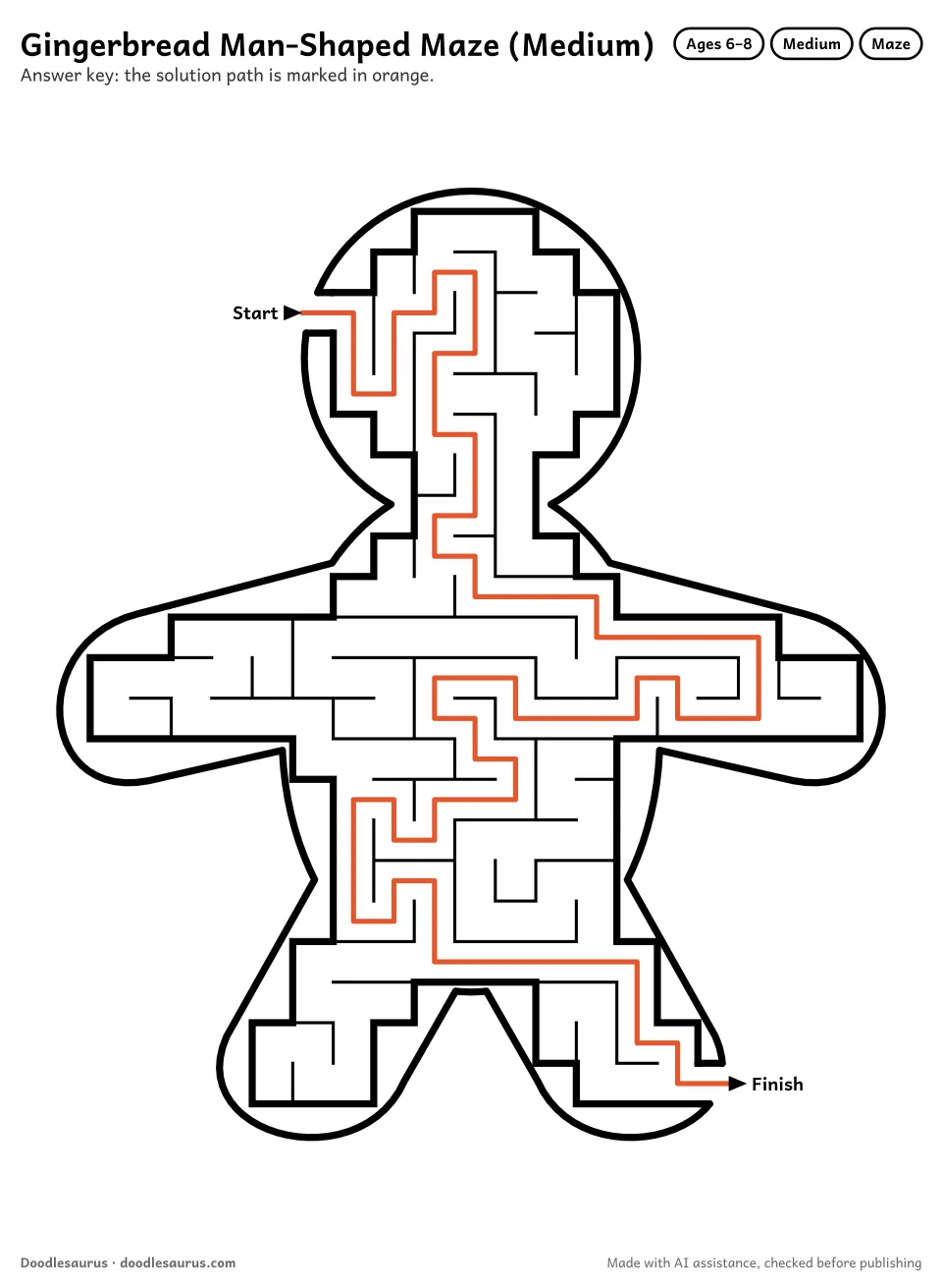 Answer key for Gingerbread Man-Shaped Maze (Medium)