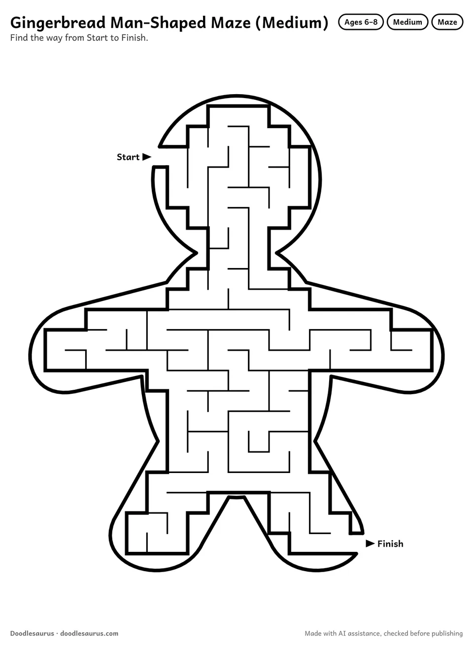 Gingerbread man-shaped printable maze for ages 6-8: 169 cells inside a gingerbread man outline, with Start and Finish arrows and an answer key.