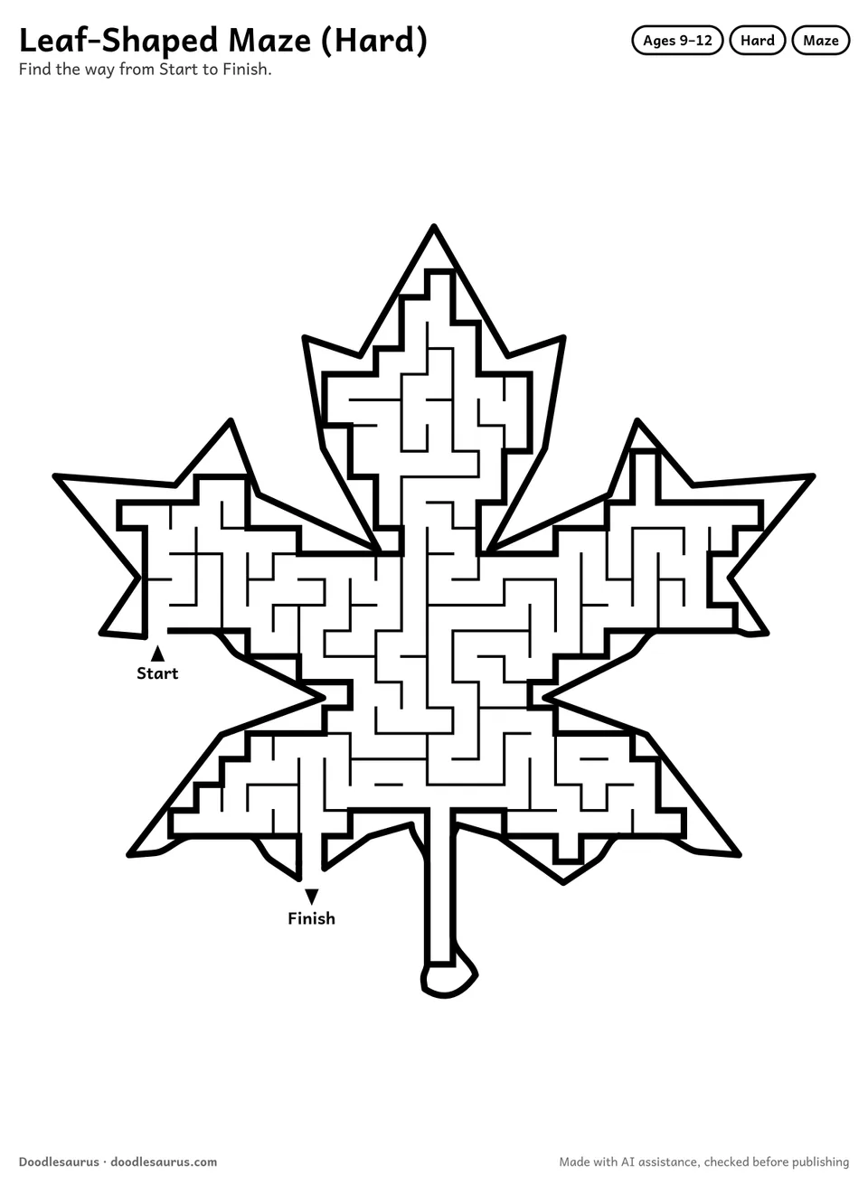 Leaf-shaped printable maze for ages 9-12: 258 cells inside a leaf outline, with Start and Finish arrows and an answer key.