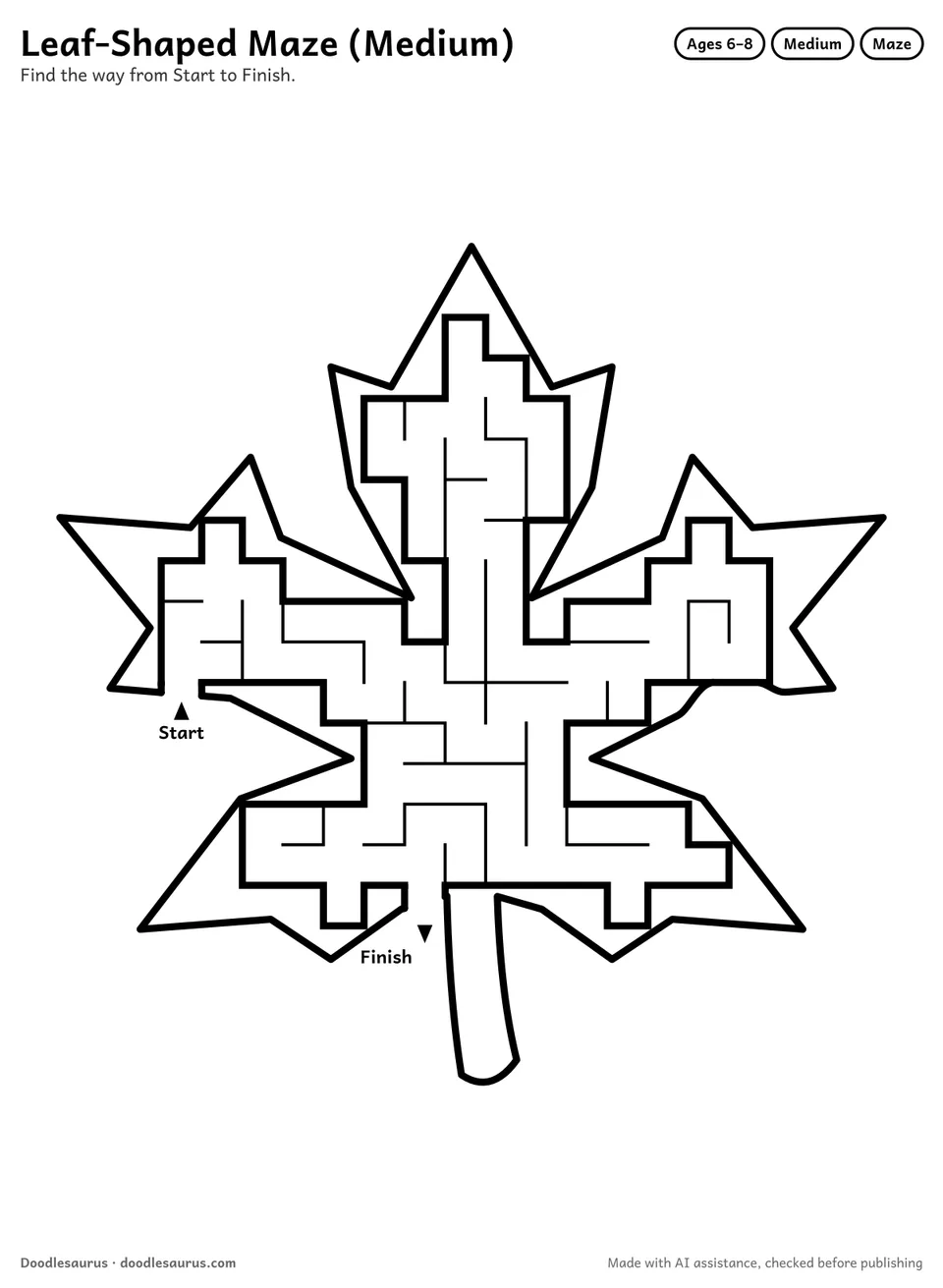 Leaf-shaped printable maze for ages 6-8: 101 cells inside a leaf outline, with Start and Finish arrows and an answer key.