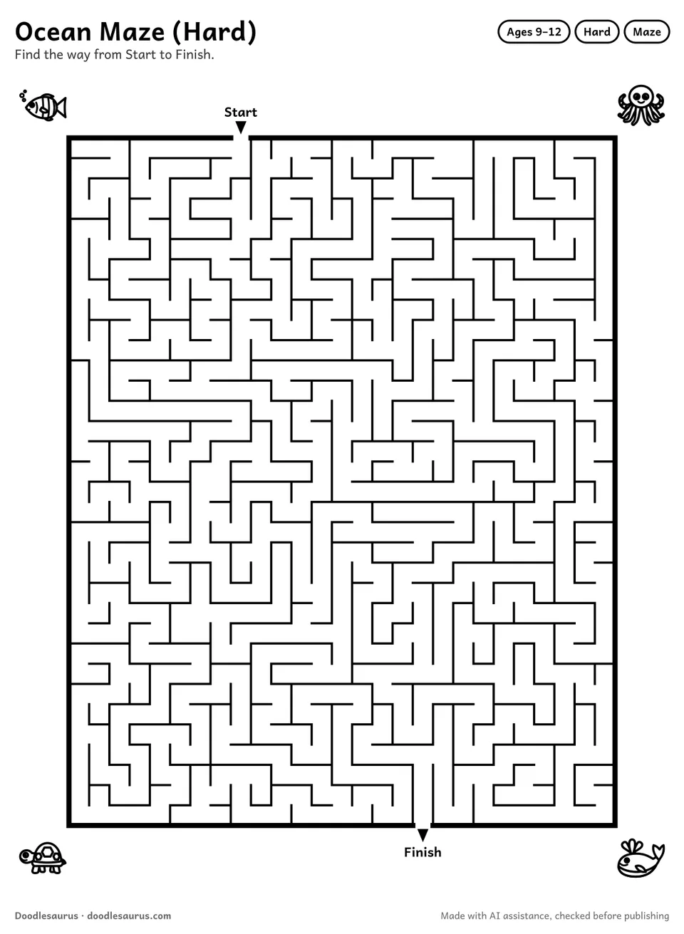 Printable ocean maze for ages 9-12: a 27 by 34 grid with Start and Finish arrows and an answer key.