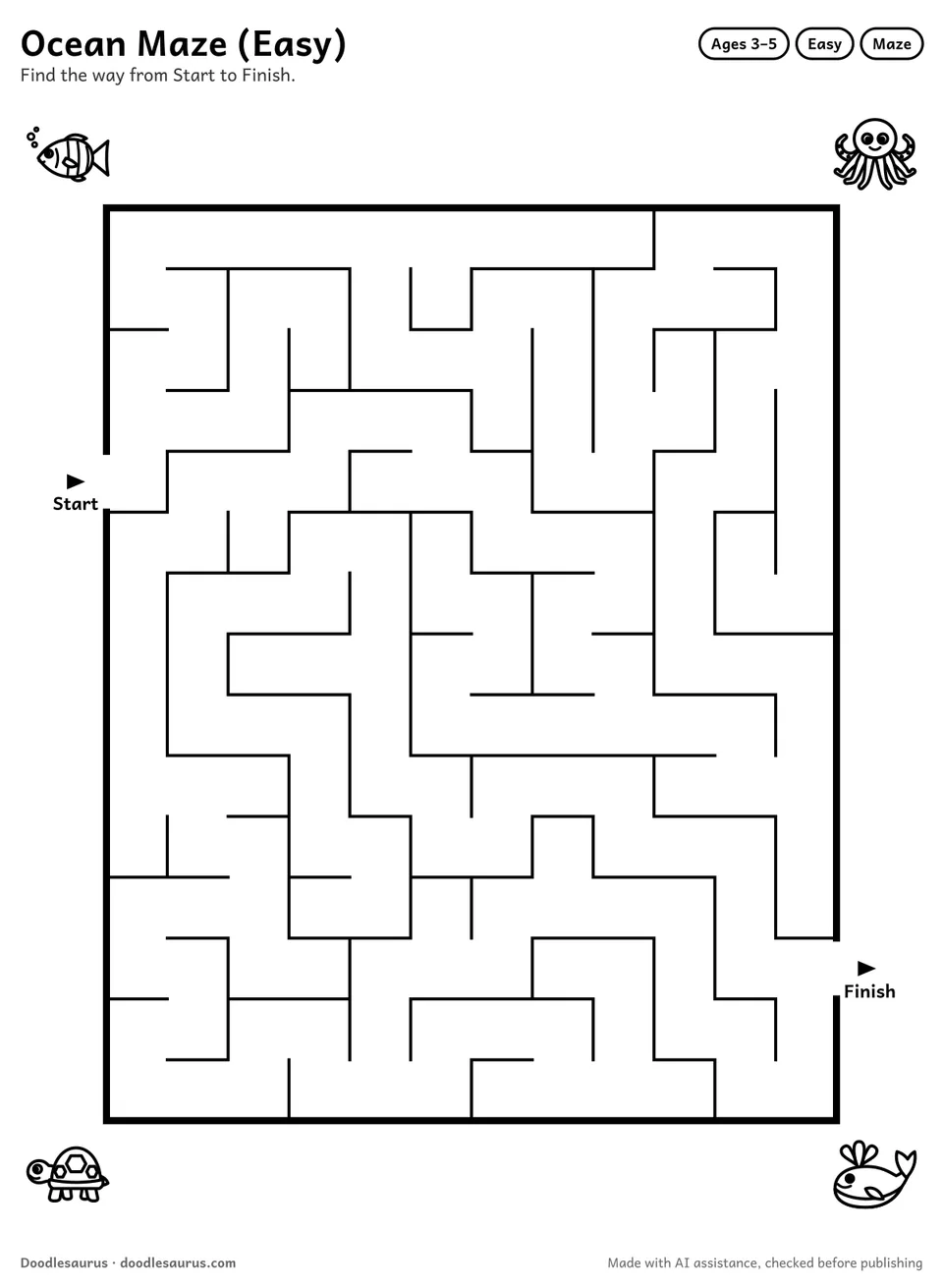 Printable ocean maze for ages 3-5: a 12 by 15 grid with Start and Finish arrows and an answer key.