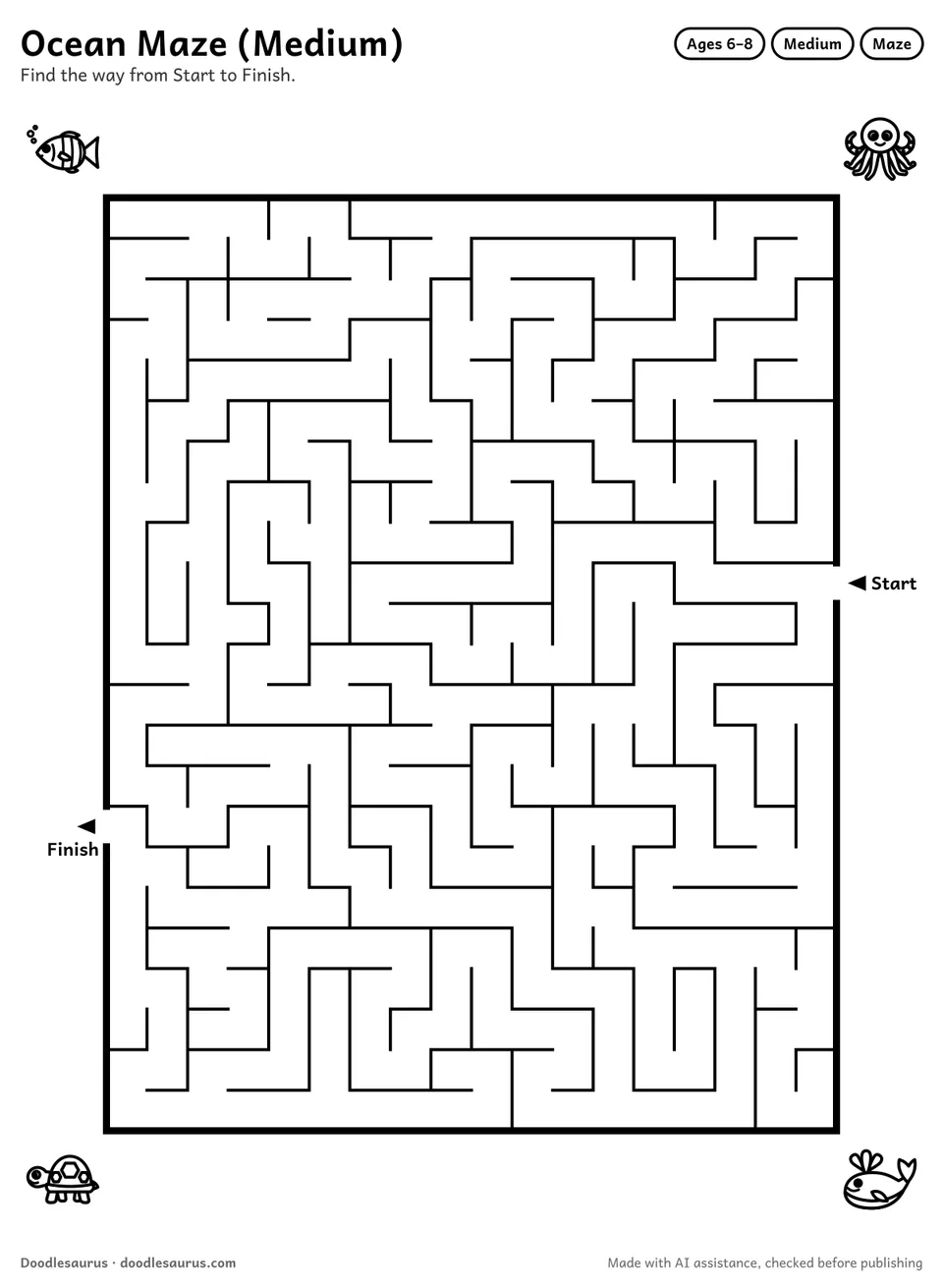 Printable ocean maze for ages 6-8: an 18 by 23 grid with Start and Finish arrows and an answer key.