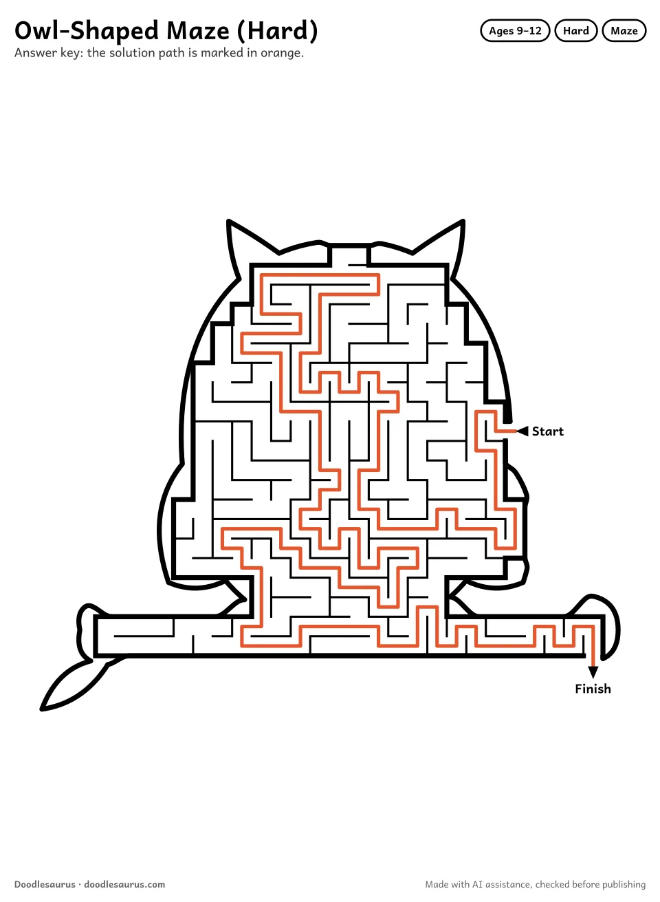 Answer key for Owl-Shaped Maze (Hard)