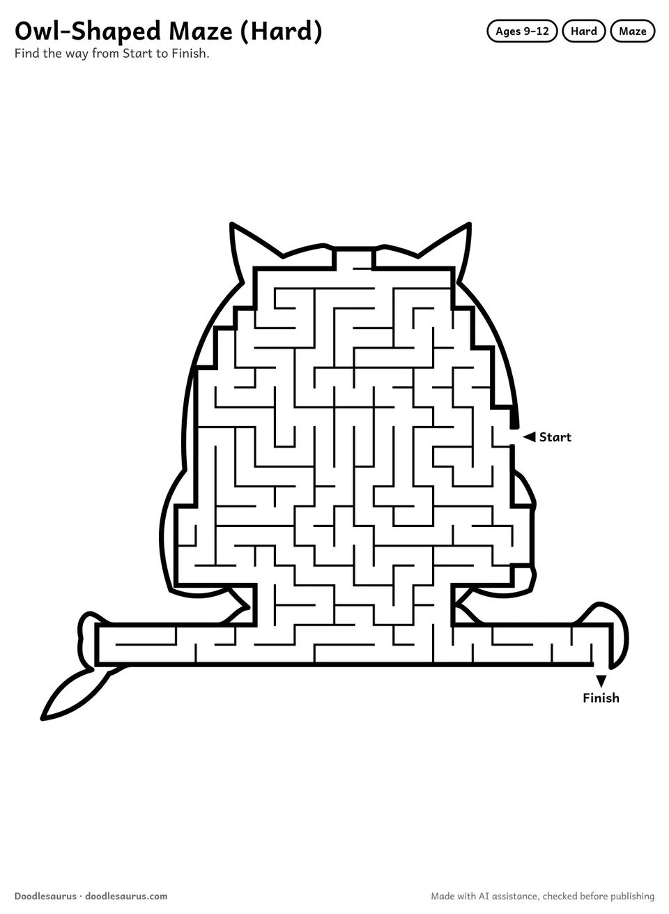 Owl-shaped printable maze for ages 9-12: 314 cells inside an owl outline, with Start and Finish arrows and an answer key.
