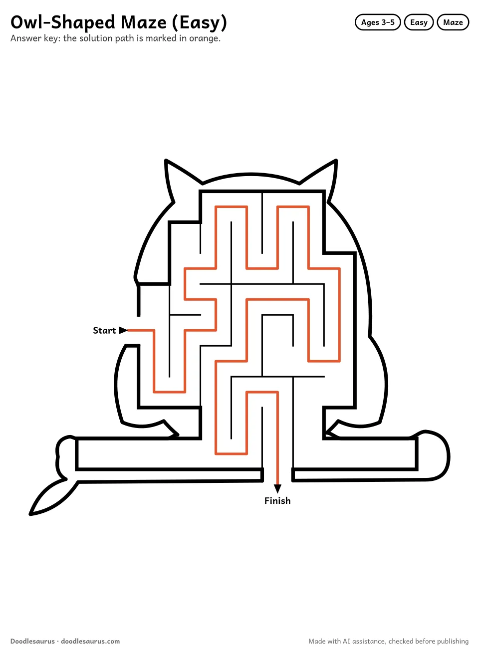 Answer key for Owl-Shaped Maze (Easy)