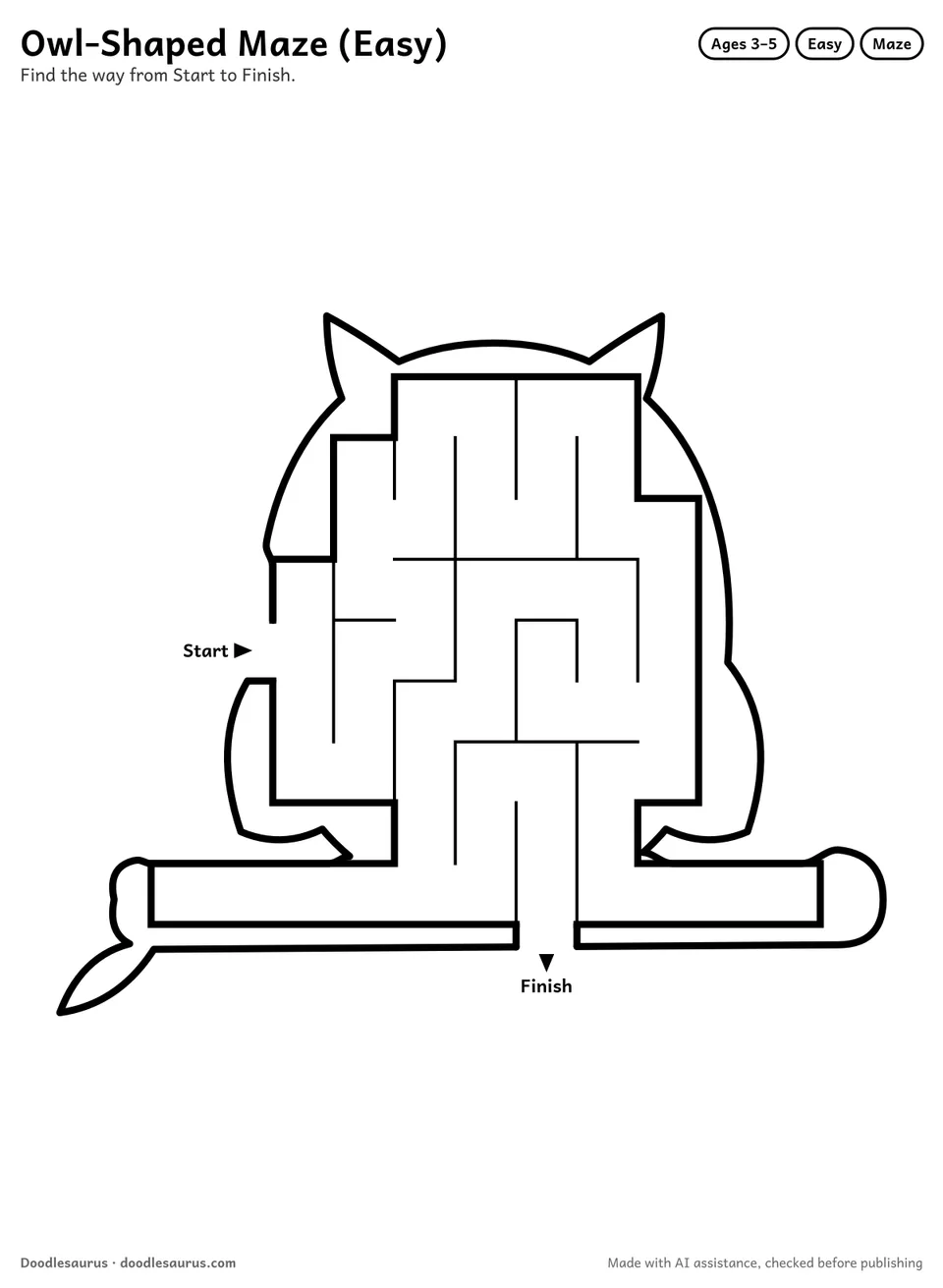 Owl-shaped printable maze for ages 3-5: 58 cells inside an owl outline, with Start and Finish arrows and an answer key.