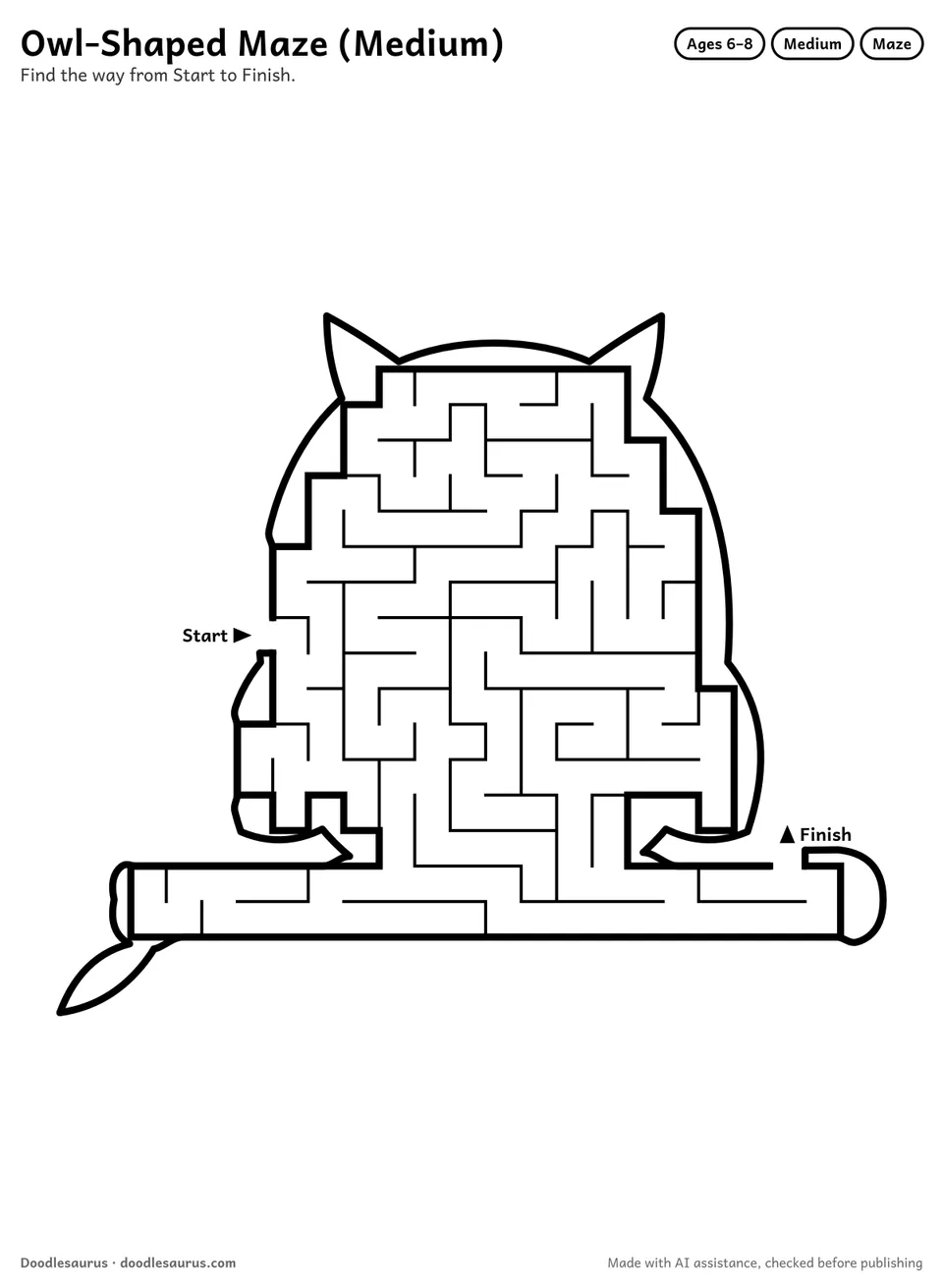 Owl-shaped printable maze for ages 6-8: 191 cells inside an owl outline, with Start and Finish arrows and an answer key.