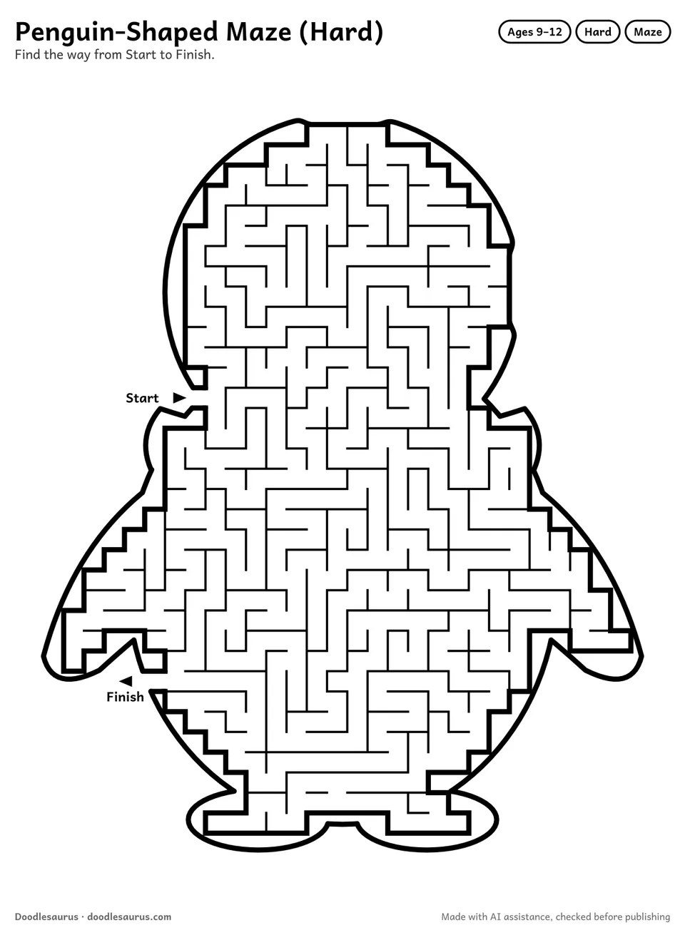 Penguin-shaped printable maze for ages 9-12: 562 cells inside a penguin outline, with Start and Finish arrows and an answer key.