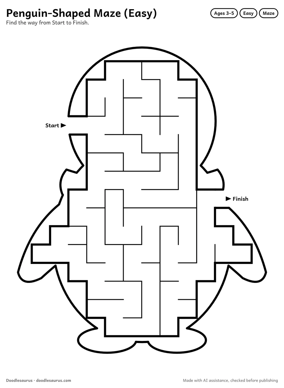 Penguin-shaped printable maze for ages 3-5: 102 cells inside a penguin outline, with Start and Finish arrows and an answer key.