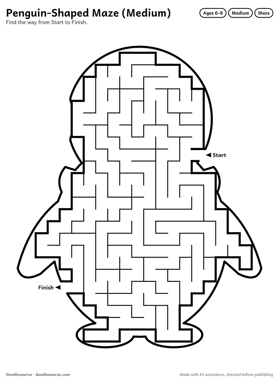 Penguin-shaped printable maze for ages 6-8: 255 cells inside a penguin outline, with Start and Finish arrows and an answer key.