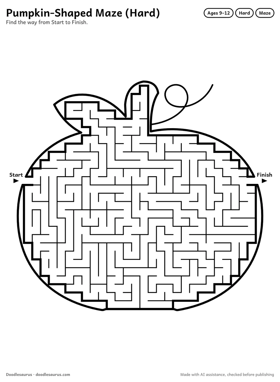 Pumpkin-shaped printable maze for ages 9-12: 520 cells inside a pumpkin outline, with Start and Finish arrows and an answer key.