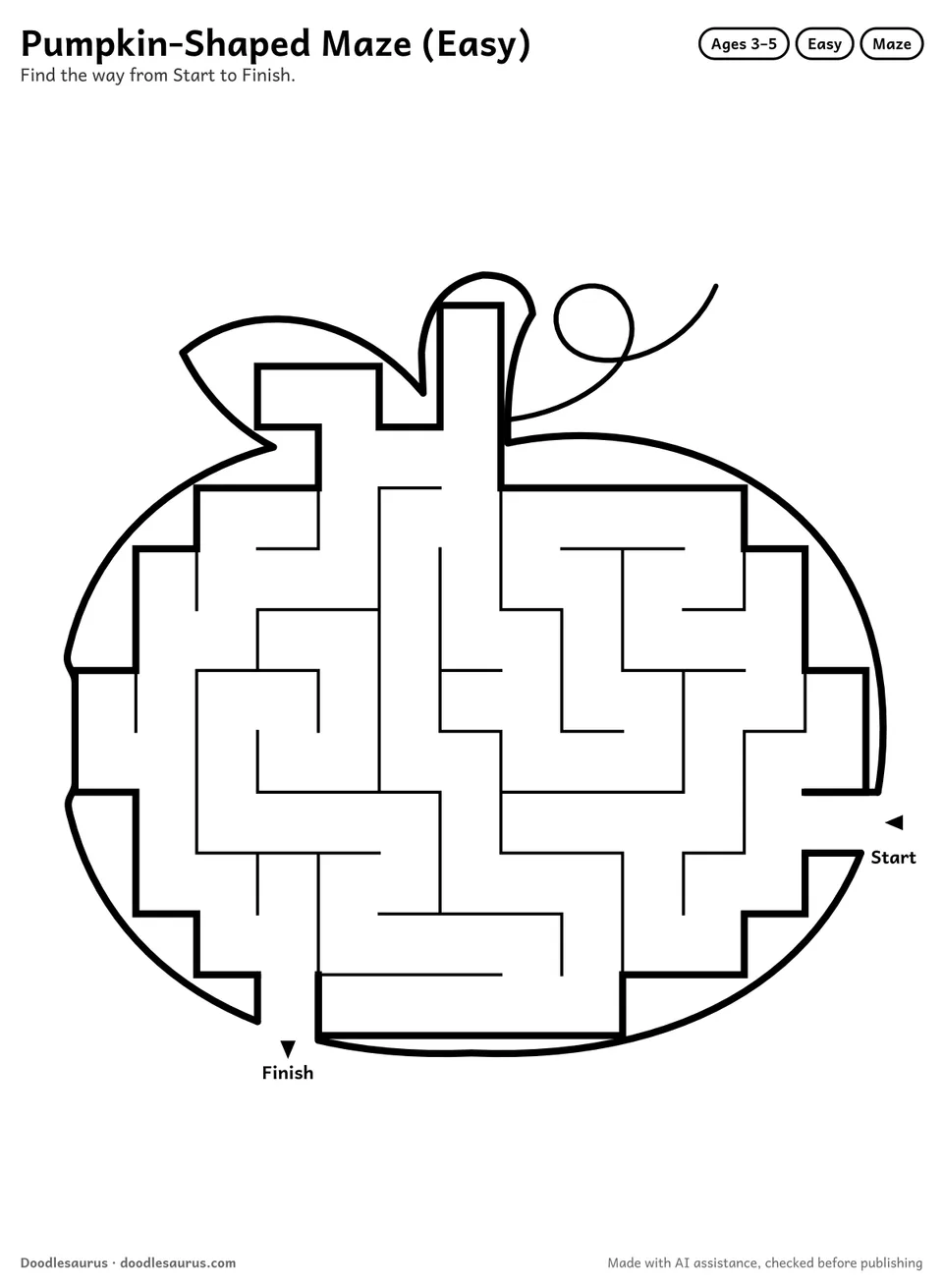 Pumpkin-shaped printable maze for ages 3-5: 100 cells inside a pumpkin outline, with Start and Finish arrows and an answer key.