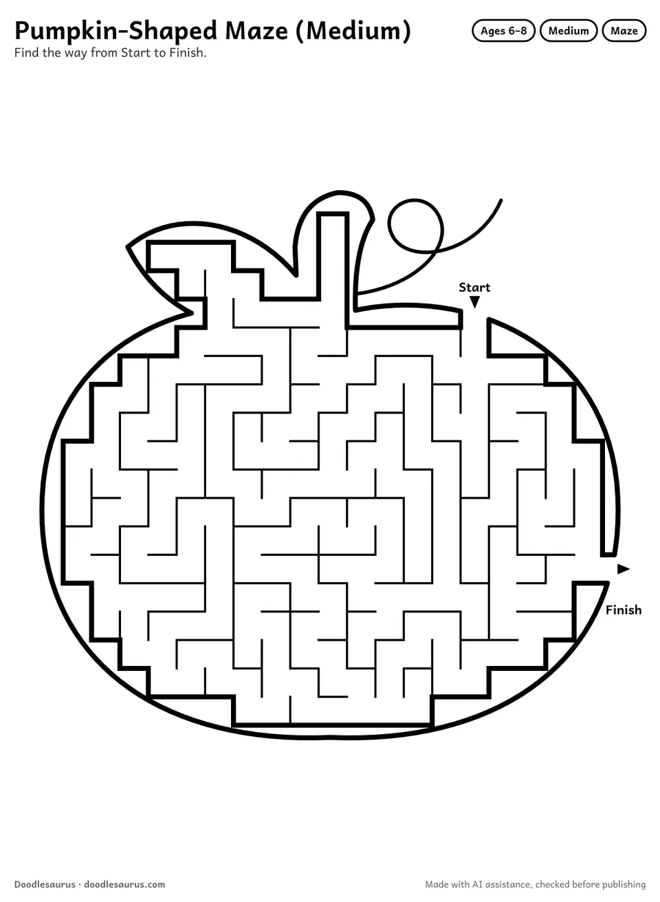 Pumpkin-shaped printable maze for ages 6-8: 237 cells inside a pumpkin outline, with Start and Finish arrows and an answer key.