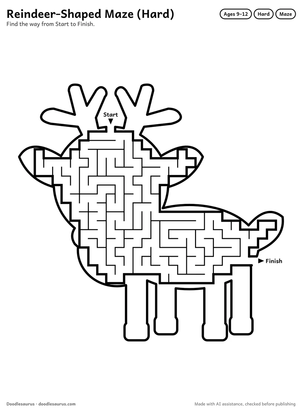 Reindeer-shaped printable maze for ages 9-12: 240 cells inside a reindeer outline, with Start and Finish arrows and an answer key.