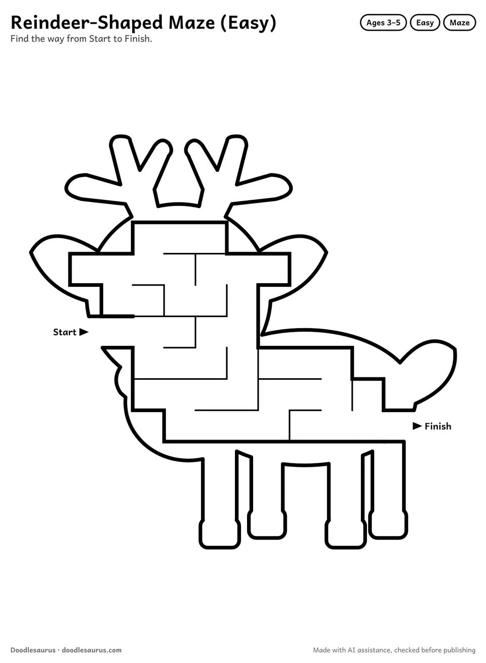 Reindeer-shaped printable maze for ages 3-5: 41 cells inside a reindeer outline, with Start and Finish arrows and an answer key.