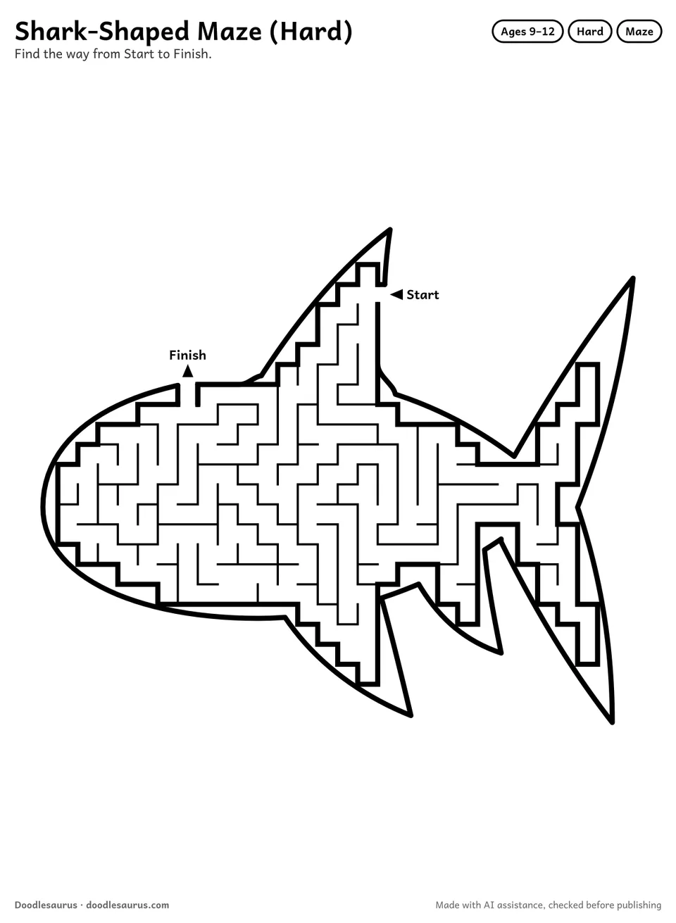 Shark-shaped printable maze for ages 9-12: 257 cells inside a shark outline, with Start and Finish arrows and an answer key.