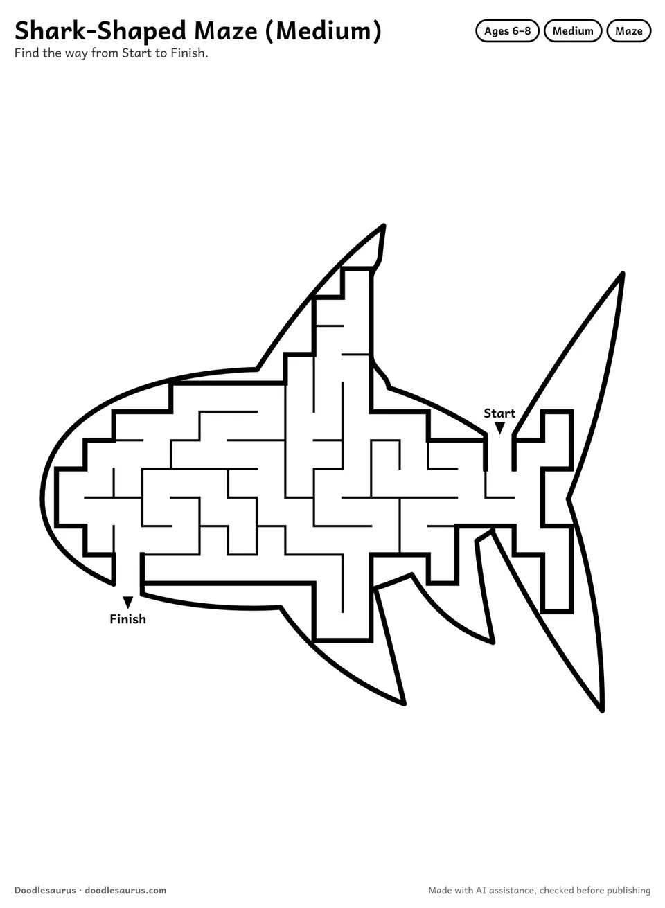 Shark-shaped printable maze for ages 6-8: 107 cells inside a shark outline, with Start and Finish arrows and an answer key.