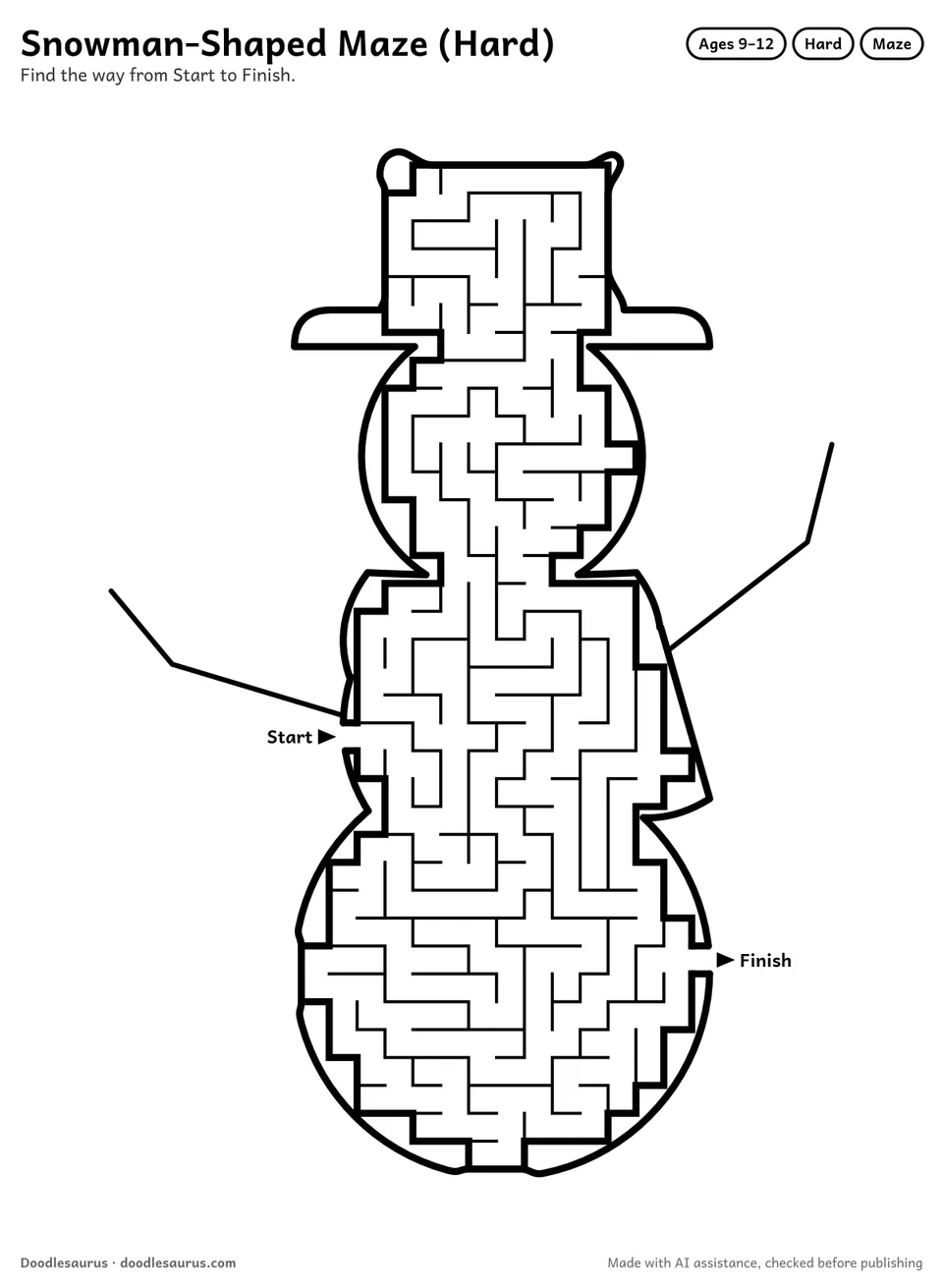 Snowman-shaped printable maze for ages 9-12: 331 cells inside a snowman outline, with Start and Finish arrows and an answer key.