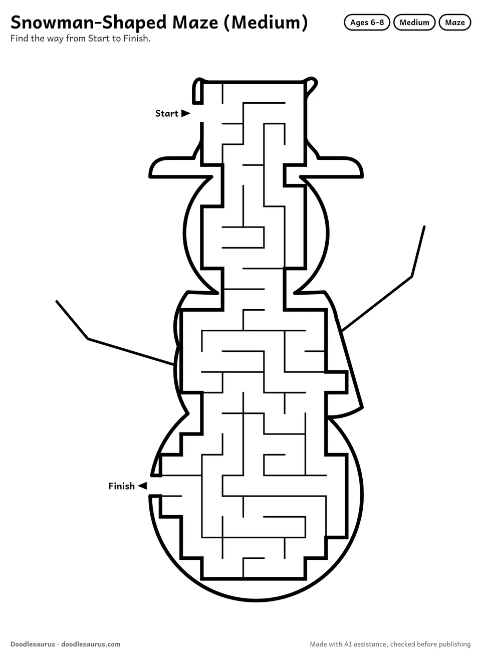 Snowman-shaped printable maze for ages 6-8: 143 cells inside a snowman outline, with Start and Finish arrows and an answer key.