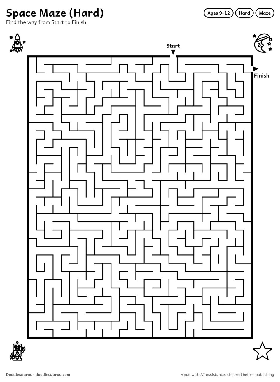 Printable space maze for ages 9-12: a 27 by 34 grid with Start and Finish arrows and an answer key.