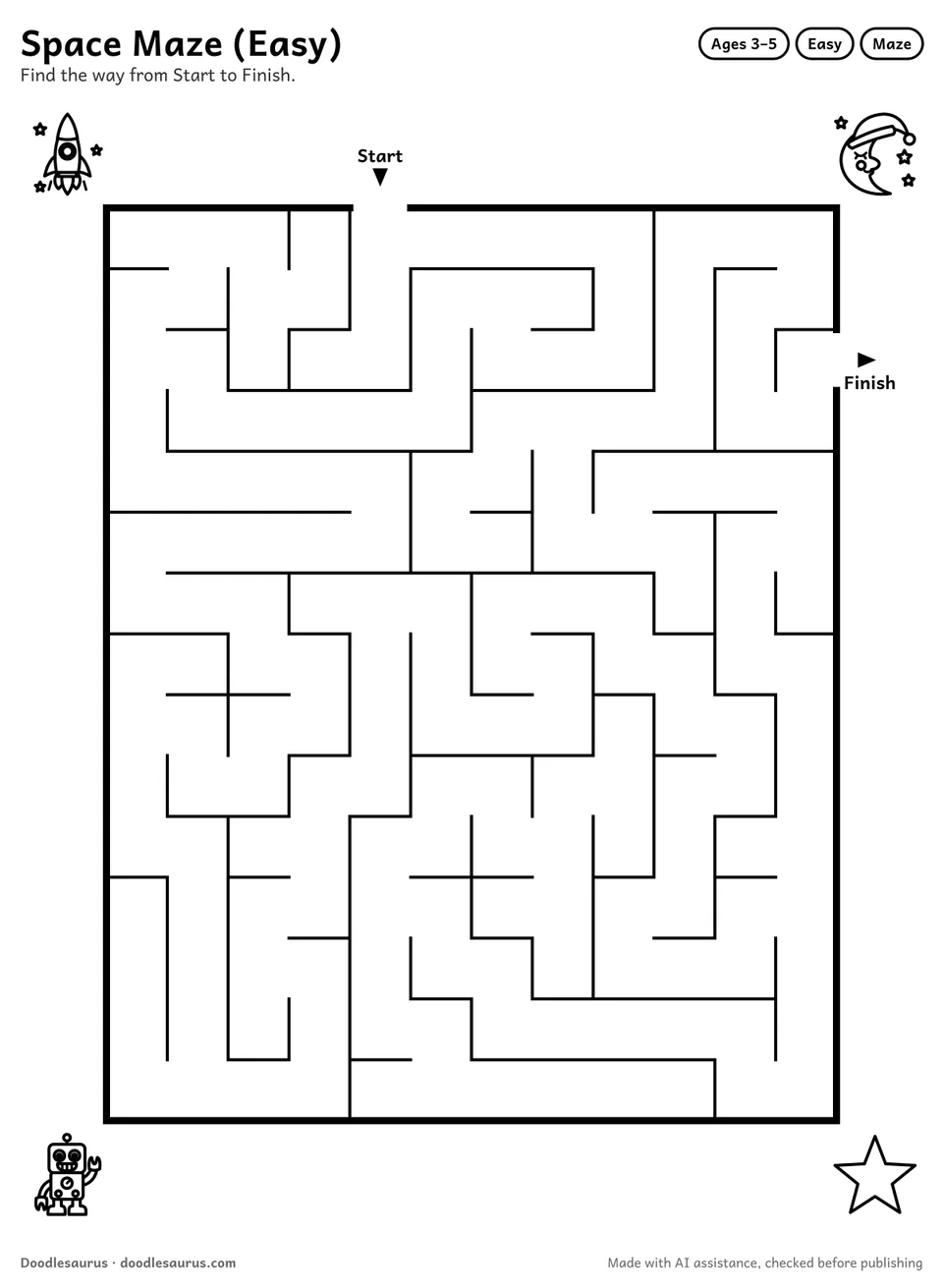 Printable space maze for ages 3-5: a 12 by 15 grid with Start and Finish arrows and an answer key.