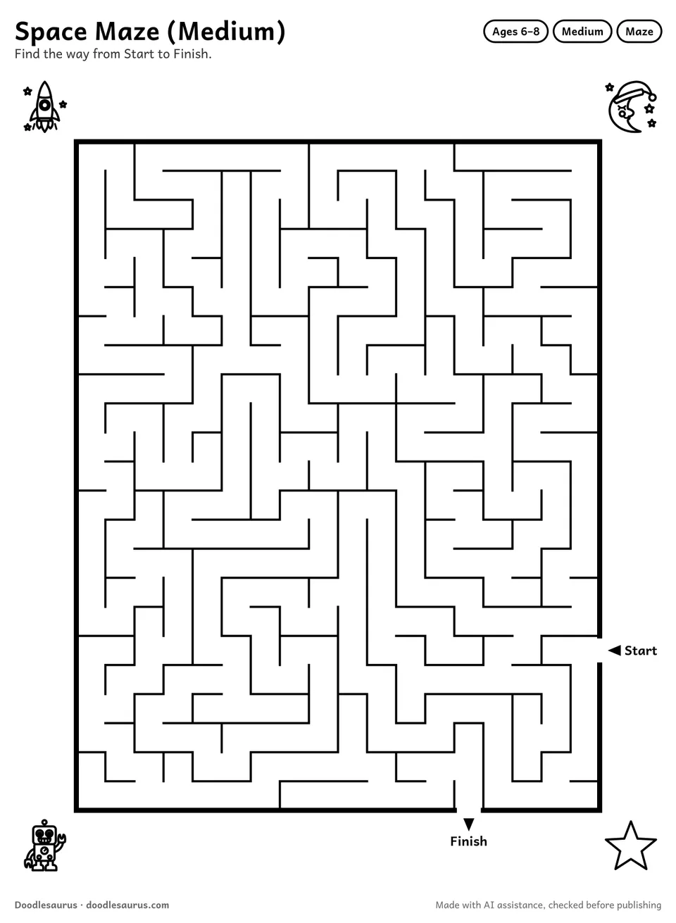 Printable space maze for ages 6-8: an 18 by 23 grid with Start and Finish arrows and an answer key.