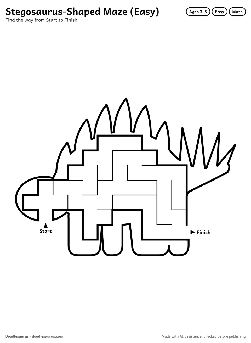 Stegosaurus-shaped printable maze for ages 3-5: 46 cells inside a stegosaurus outline, with Start and Finish arrows and an answer key.