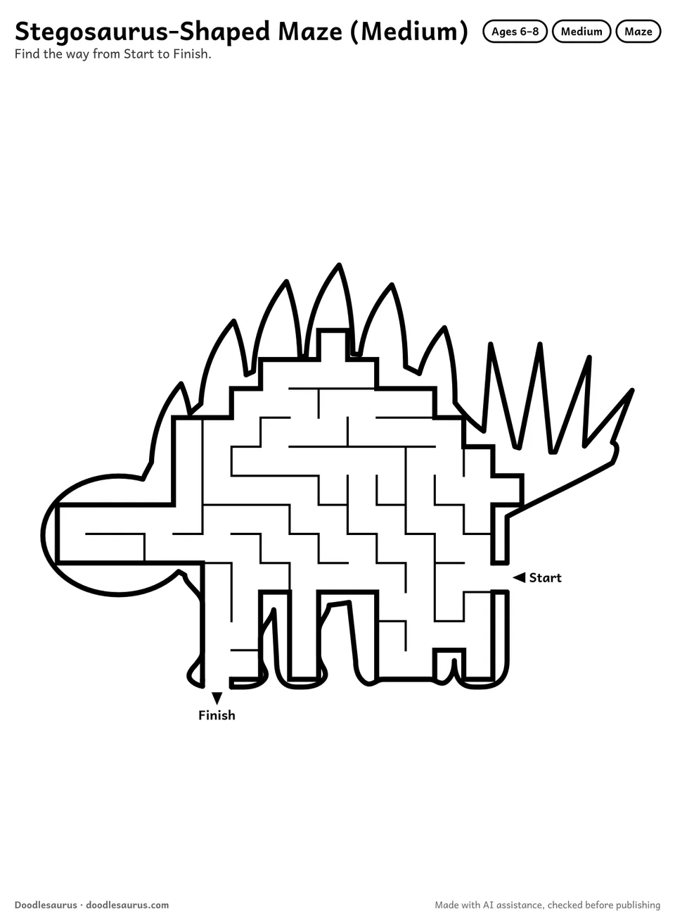 Stegosaurus-shaped printable maze for ages 6-8: 105 cells inside a stegosaurus outline, with Start and Finish arrows and an answer key.