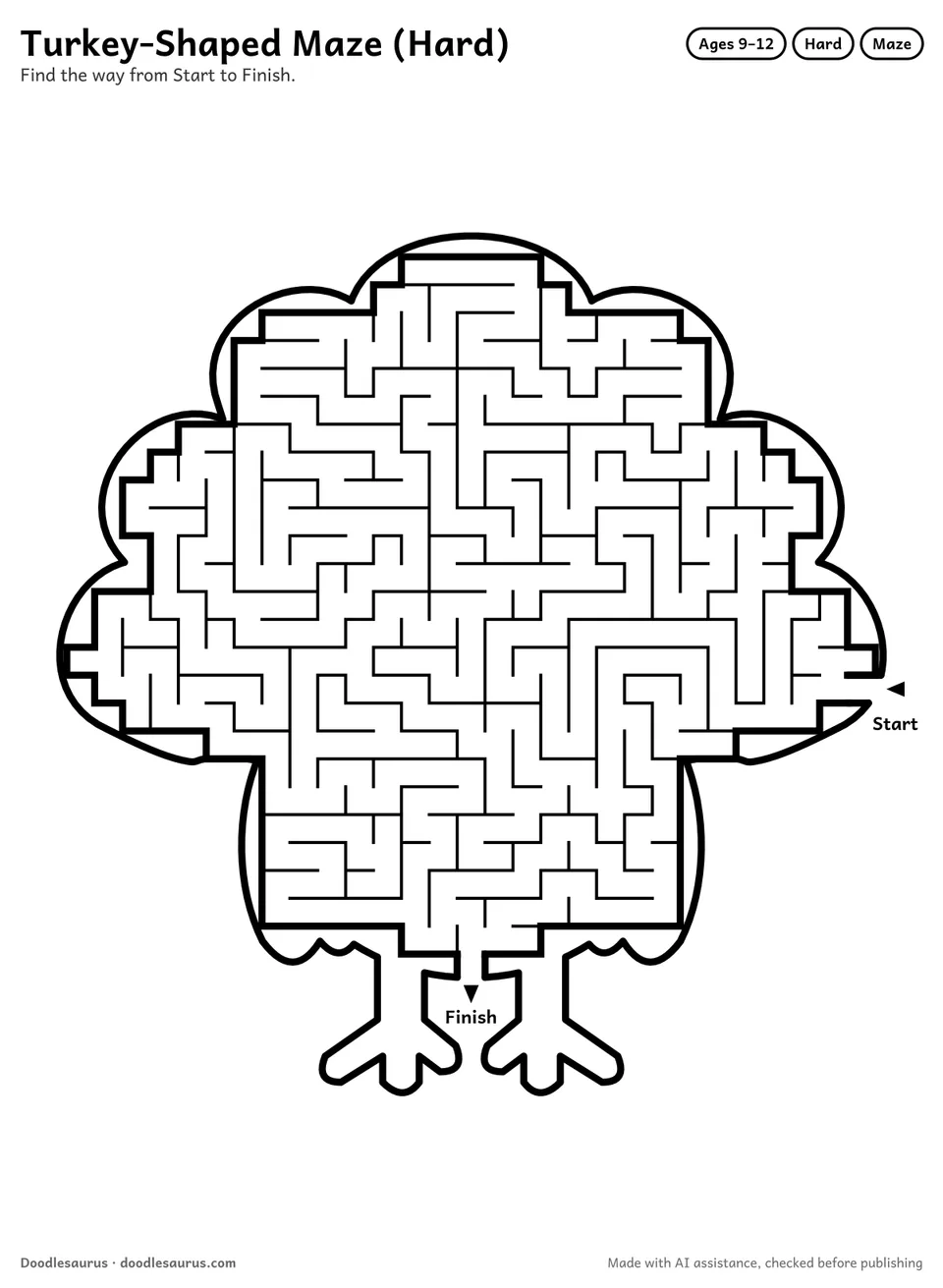 Turkey-shaped printable maze for ages 9-12: 467 cells inside a turkey outline, with Start and Finish arrows and an answer key.