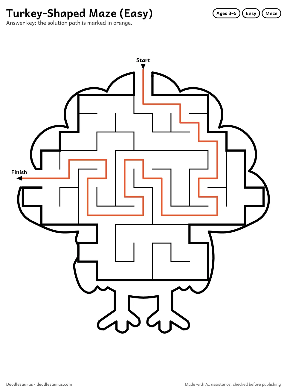 Answer key for Turkey-Shaped Maze (Easy)